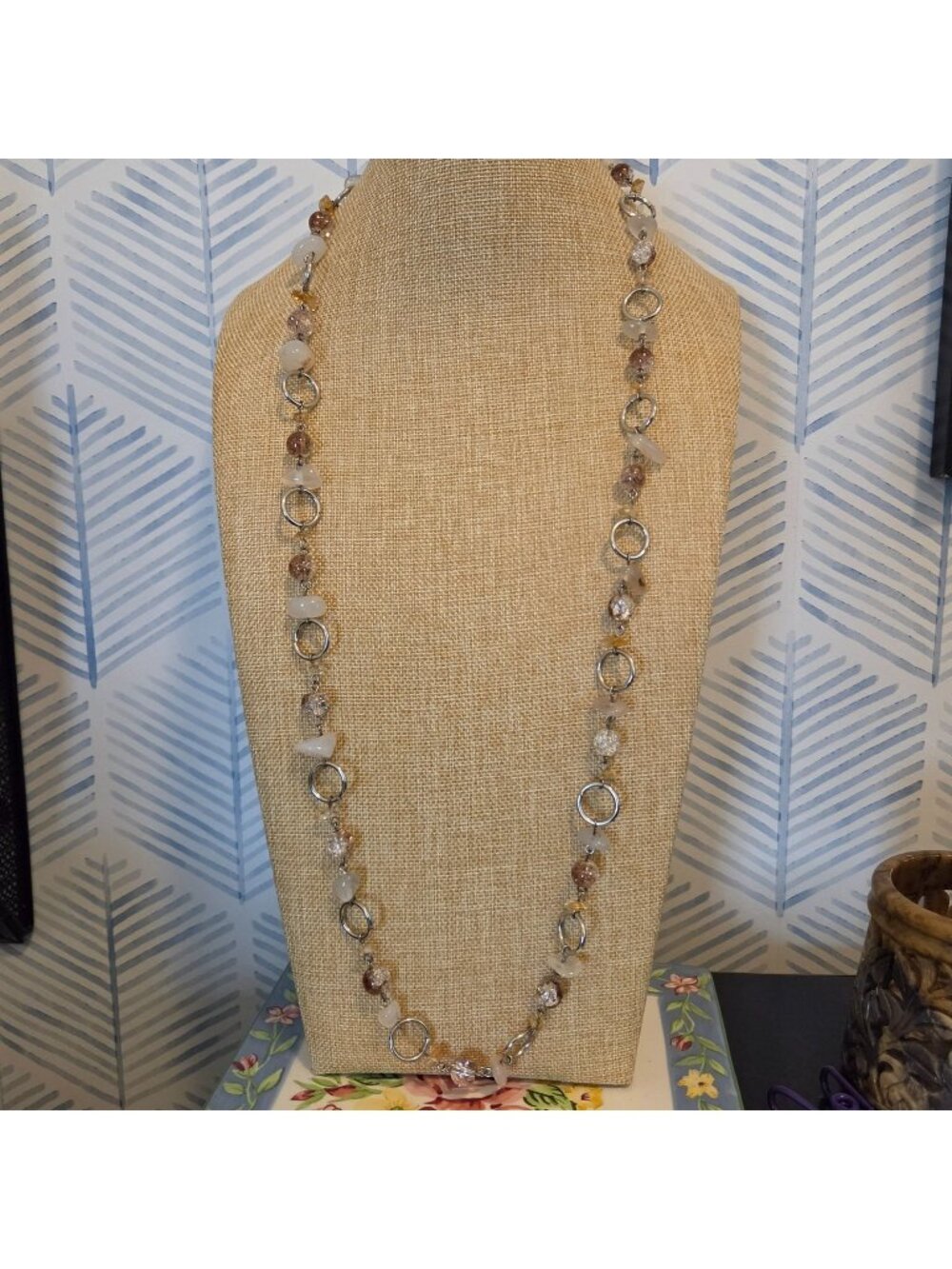 Cookie Lee Quartz, Glass & Moonstone Beaded 36” Long Silver Tone Chain Necklace